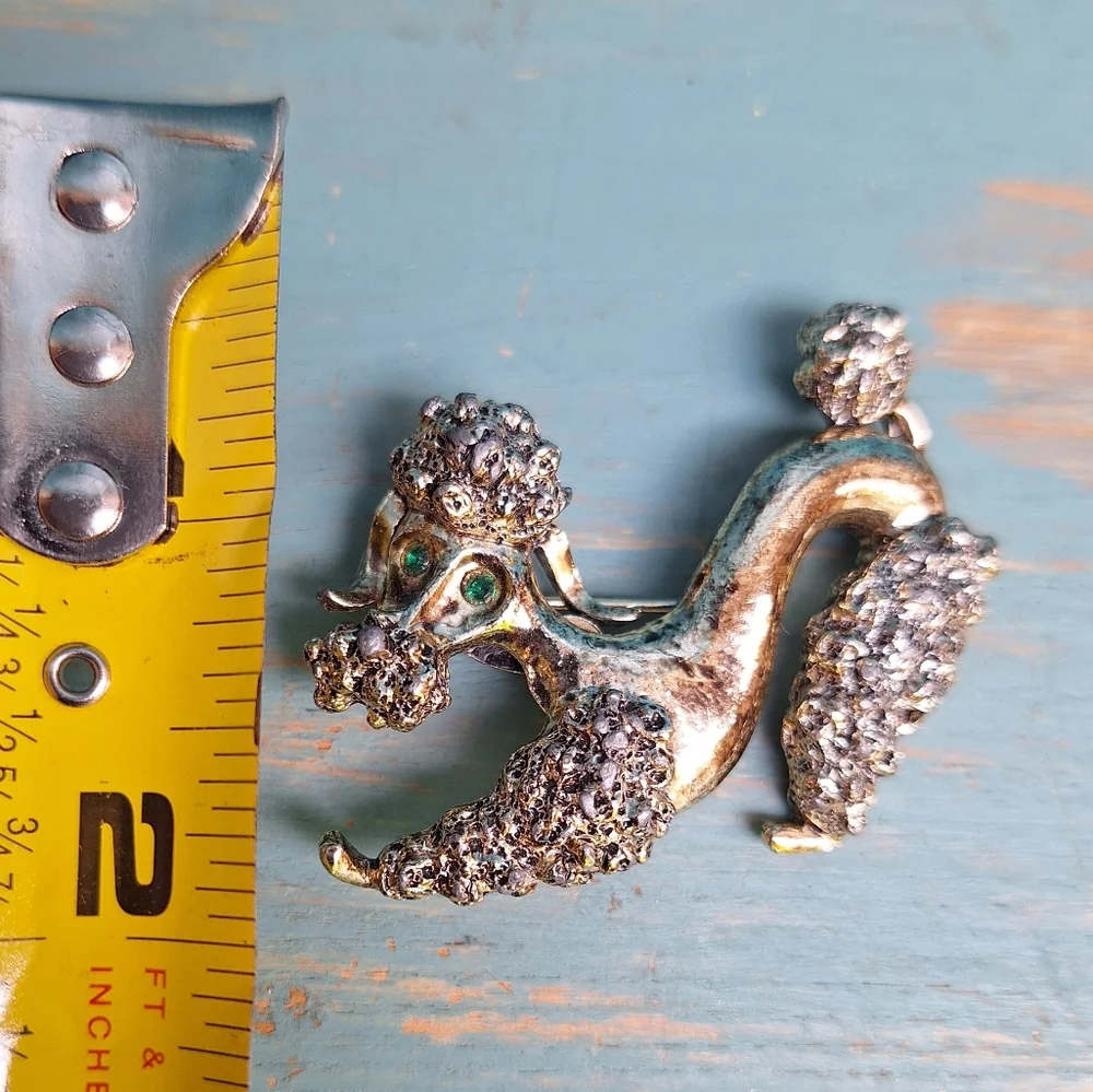 Vintage Dog Poodle Pin Green Gemstone Eyes Gold Metal Brooch Pooch Pins